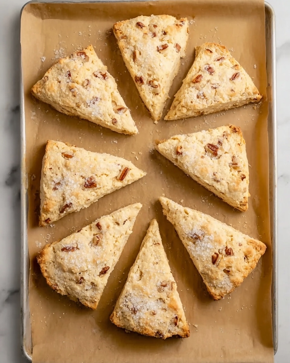 There are eight triangular scones on a baking tray lined with brown parchment paper. Each scone has a light golden-brown color with small pieces of nuts embedded throughout. The texture on the surface looks slightly rough with sugar sprinkled on top, giving a subtle sparkle. The scones are arranged in an uneven circle, showing a soft and crumbly edge. The background is a white marbled surface. photo taken with an iphone --ar 4:5 --v 7