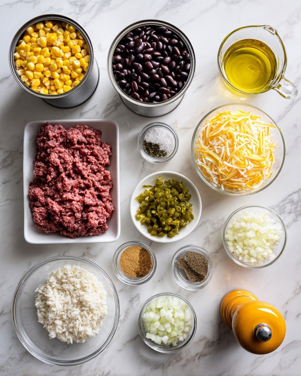 The image shows a top-down view of ingredients for a recipe arranged neatly on a white marbled surface. There are two cans at the top left, one with bright yellow corn kernels and the other filled with shiny black beans. Below them is a small white tray holding raw ground beef with a deep red and pink color. To the right of the beef, a small white-rimmed plate holds chopped green jalapeño pieces. Nearby, a small clear glass bowl contains finely chopped white onions. Next to it, there are two glass bowls, one with white rice and the other with shredded yellow and white cheese. Above these bowls are small glass bowls with various spices: light beige garlic powder, dark brown cumin, white salt, red smoked paprika, and green oregano. A small glass bowl holds golden olive oil. In the upper right, a clear glass measuring cup contains yellow chicken stock. An orange pepper grinder stands beside it. The ingredients are spaced out evenly, with clear labels in black text on white rectangular backgrounds over each item. The photo taken with an iphone --ar 4:5 --v 7