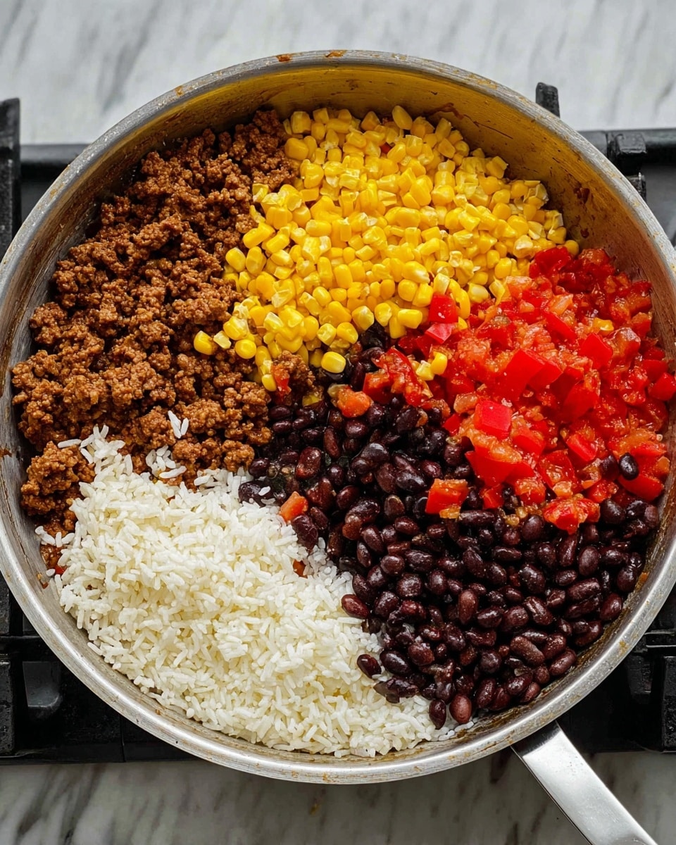 In a large metal pan, there are five visible layers arranged side by side: cooked brown ground meat at the bottom left, bright yellow corn next to the meat, black beans mixed partly with the corn and partly with the rice, diced red tomatoes near the center, and white rice on the right side. The textures show the beans as smooth and shiny, the corn as glossy and round, the meat as crumbly, and the rice as fluffy white grains. The pan is on a stove with a white marbled surface around it. Photo taken with an iphone --ar 4:5 --v 7