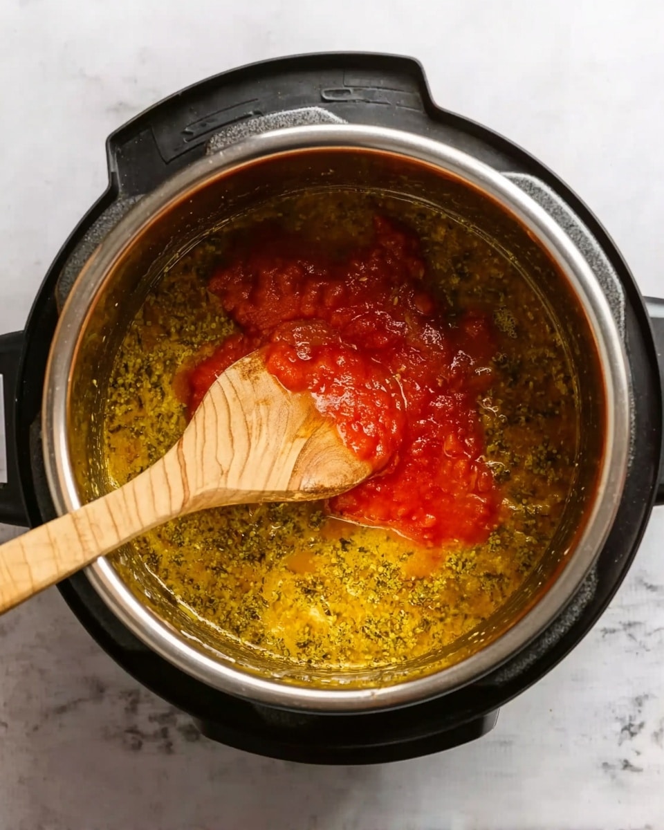 Inside a black electric pressure cooker, there are three layers visible: a thick yellow sauce with green spices covers the bottom and surrounds the sides, a wooden spatula with light wood grain rests partly submerged on the left, and a bright red tomato sauce is placed on the right side on top of the yellow sauce. The cooker is set on a white marbled surface, showing the contrast of colors inside. Photo taken with an iphone --ar 4:5 --v 7