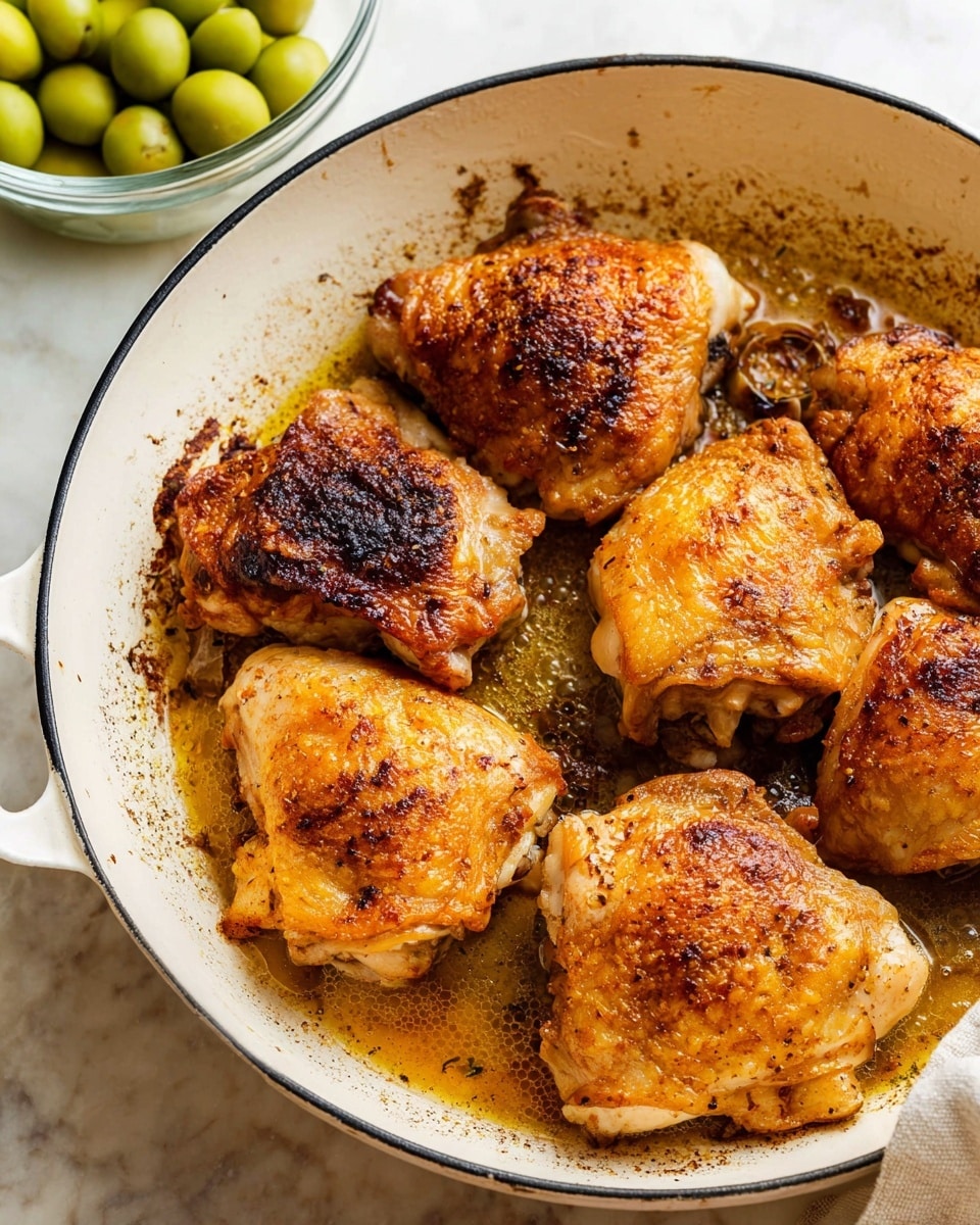 A white pan with five pieces of cooked chicken thighs arranged inside it. Each piece has a golden brown, crispy skin with dark brown spots and a slightly rough texture. The chicken sits in a shallow layer of browned cooking juices with some bubbling oil. The pan has a black rim and a white marbled surface under it. In the background, there is a clear bowl with small green fruits placed on the white marbled surface. photo taken with an iphone --ar 4:5 --v 7