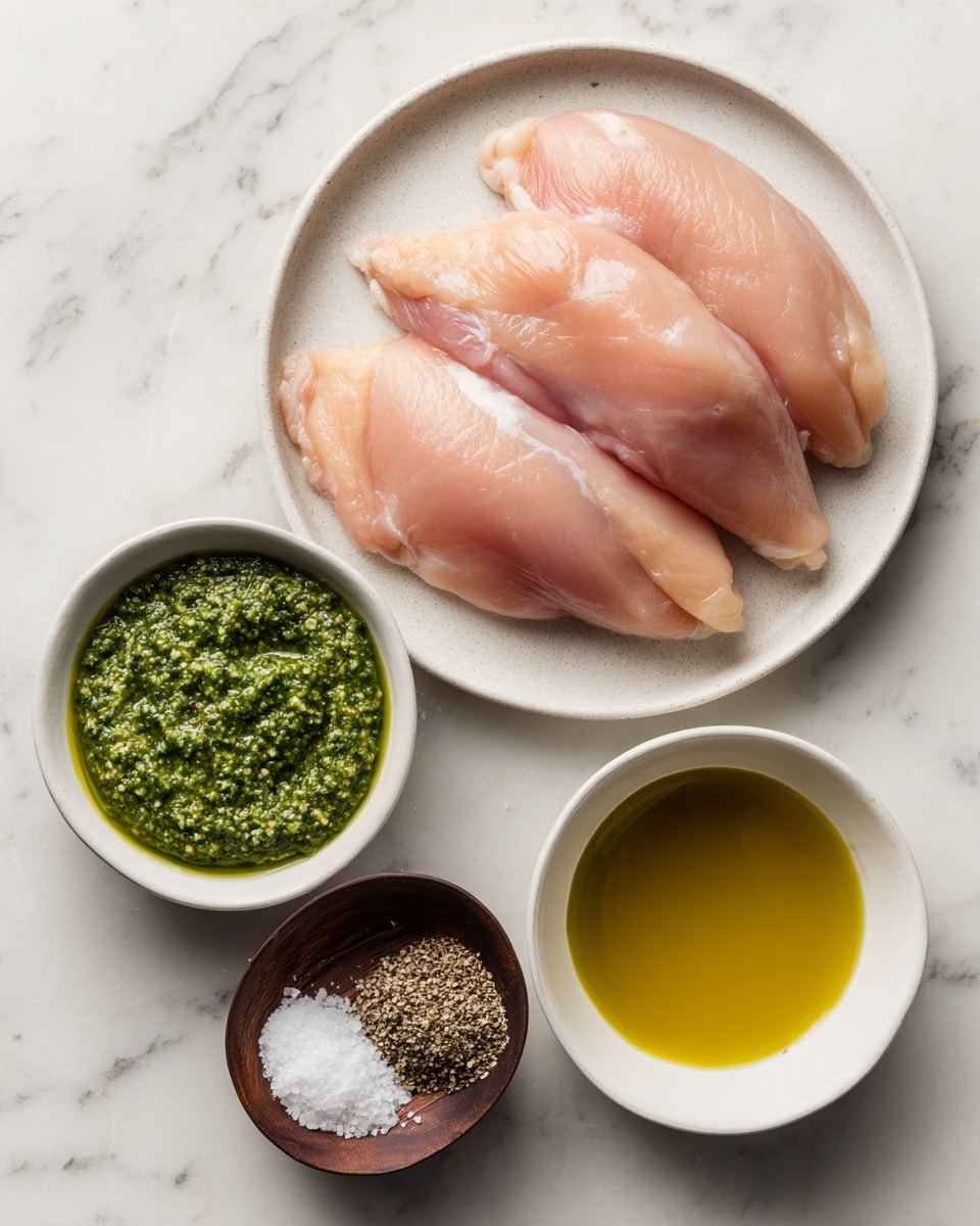 The image shows raw chicken pieces placed side by side on a white plate with a smooth texture, positioned at the top center. Below the plate are two white bowls next to each other, the left holding a thick, green pesto sauce with a slightly chunky texture, and the right filled with clear golden olive oil. Under these bowls are two small dark wooden bowls, the left containing granular white kosher salt, and the right filled with coarse black pepper. The background is a white marbled surface with subtle grey veins, and the image is taken from above for a clean flat lay style. Photo taken with an iphone --ar 4:5 --v 7
