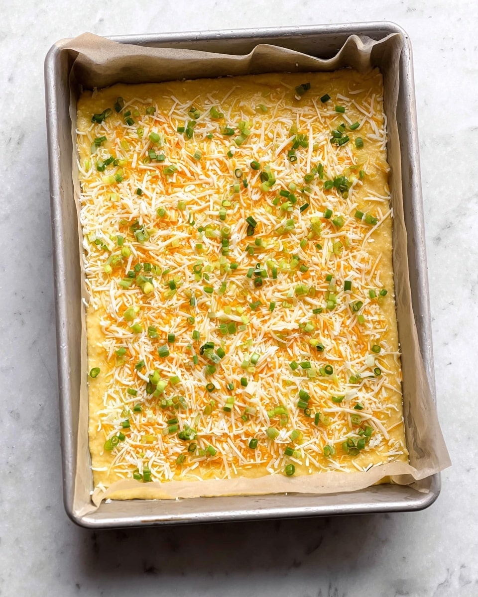 The image shows a rectangular metal baking pan lined with parchment paper filled with one thick layer of a yellow batter. On top, there is a layer of finely shredded white and orange cheese scattered evenly across the whole surface, along with small bits of chopped green onions spread sparsely. The pan sits on a white marbled surface. photo taken with an iphone --ar 4:5 --v 7