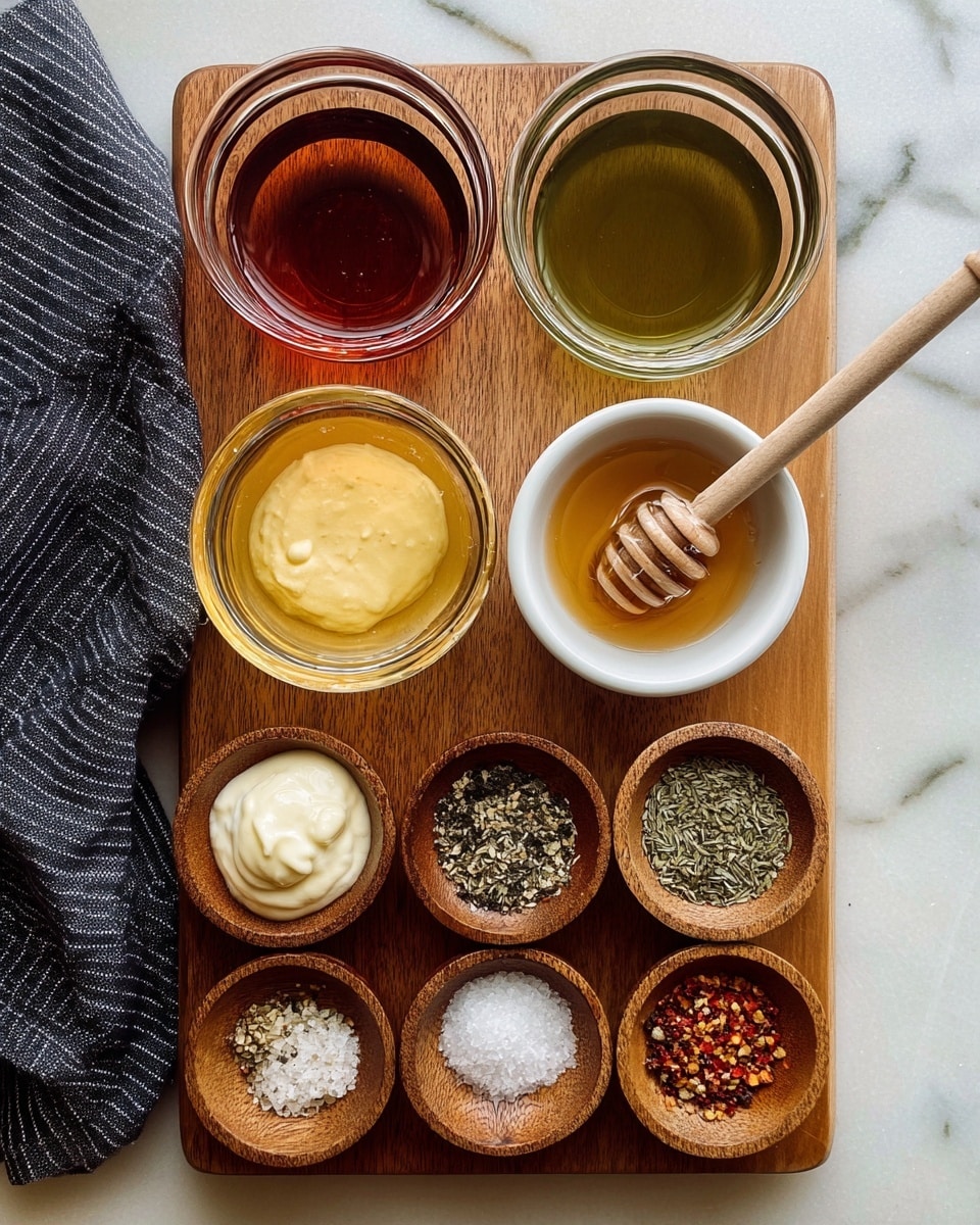 The image shows a wooden board with nine small bowls arranged neatly on it, set against a white marbled surface. At the top left is a clear glass bowl filled with a dark reddish-brown liquid, next to it on the right is a white bowl filled with a greenish liquid. Below these, two small clear glass bowls hold a pale yellow creamy substance on the left and a white creamy substance on the right. At the bottom right is a white bowl containing honey with a wooden honey dipper resting inside. The bottom two rows contain five small wooden bowls, each filled with different spices or finely chopped ingredients, including chopped garlic, crushed black pepper, coarse salt, dried herbs, and small red chili flakes. A dark striped cloth napkin is partially visible on the left side of the wooden board. Photo taken with an iphone --ar 4:5 --v 7
