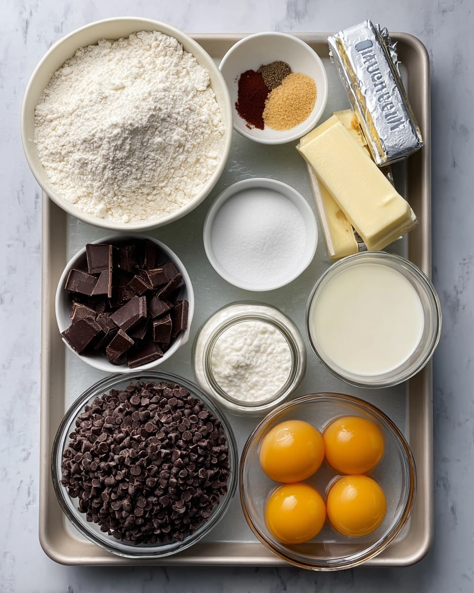 The image shows a baking tray with various baking ingredients placed neatly on it, set on a white marbled surface. There is a large white bowl filled with flour on the top left, with a smaller white bowl inside it holding a mix of baking powder, salt, and a brown spice. Next to the flour bowl on the top right are two sticks of butter partially unwrapped in silver foil, and in front of them is a small glass jar of milk. At the center right, there is a white bowl filled with white sugar. Below the sugar bowl is a small glass cup of cream. To the left of the cream, there is a glass bowl containing clear oil and next to it is another large white bowl filled with many small, dark chocolate chips. At the bottom right corner, there is a clear glass bowl holding four cracked eggs with yellow yolks, and beside it is a small white bowl with vanilla extract. Near the eggs and oil is a partially unwrapped block of cream cheese. In the middle right area, there is a glass cup filled with chopped dark chocolate pieces. All these elements are clearly organized on the tray. photo taken with an iphone --ar 4:5 --v 7