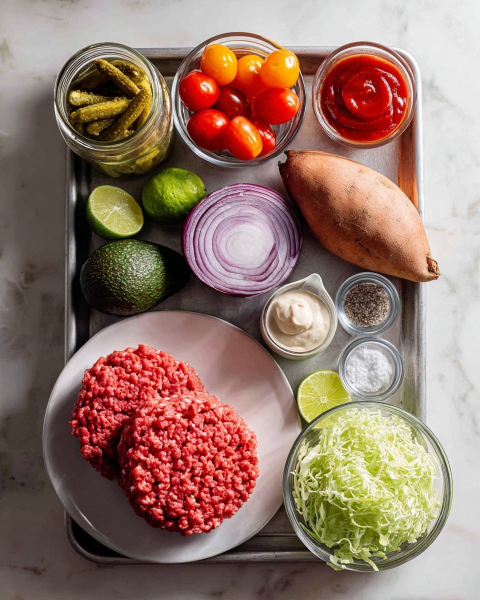 The image shows a cooking tray with many ingredients neatly arranged on a white marbled surface. In the center toward the bottom left, there is a white plate holding two thick layers of raw ground beef, bright red with a soft texture. To the left of this plate is a jar of bright green pickles, next to a dark green avocado with a rough skin. Above the avocado, a small shiny silver bowl holds red and orange cherry tomatoes. In the center top, red onion with purple and white layers sits whole, near a small dish of red ketchup. Below the onion, a small white cup with creamy pale avocado mayo rests on the tray next to a tiny dark glass bowl of Worcestershire sauce. On the right side, a large orange sweet potato with a smooth, slightly rough skin lies above a bright green lime. Two small shakers of white garlic powder and pale onion powder are angled just below the onion. At the bottom right, a clear glass bowl filled with shredded light green lettuce sits on the tray, with a small glass dish holding mixed salt and black pepper near the middle. The whole scene is well lit with soft natural light highlighting the fresh colors. Photo taken with an iphone --ar 4:5 --v 7