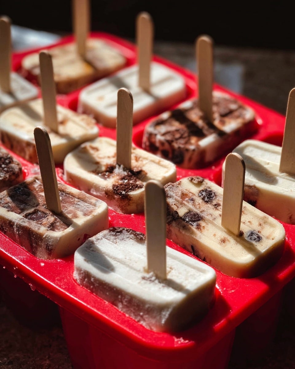 The image shows a red popsicle mold tray filled with 12 small rectangular frozen treats, each with a wooden stick standing up in the center. The frozen pieces have different textures and colors: some are creamy white, others have brown spots or chunks of dark brown beans or chocolate on top. The surface of the popsicles looks slightly frosty and uneven, showing a homemade look. The background is softly dark and blurred, highlighting the tray facing at an angle with light shining on the frozen treats. Photo taken with an iphone --ar 4:5 --v 7