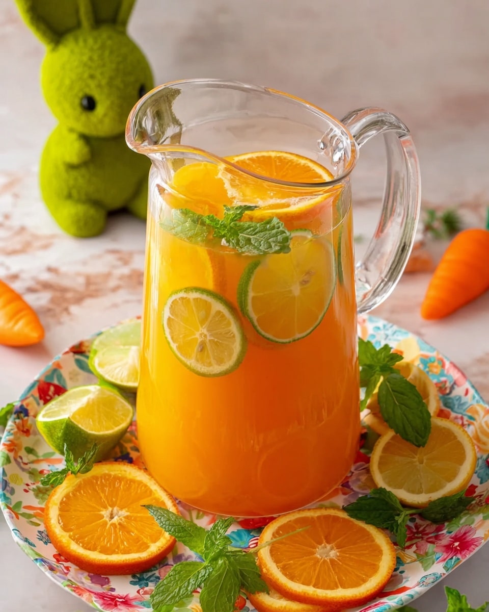 A clear glass pitcher filled with bright orange juice has three floating citrus slices on top: a lime slice, an orange slice, and a lemon slice, along with a couple of fresh green mint leaves. The pitcher is on a round white plate with a bright floral pattern, surrounded by more citrus slices and sprigs of mint. In the background, there is a white marbled surface with a lime, a green moss bunny decoration, and a small orange carrot-shaped object. Photo taken with an iphone --ar 4:5 --v 7