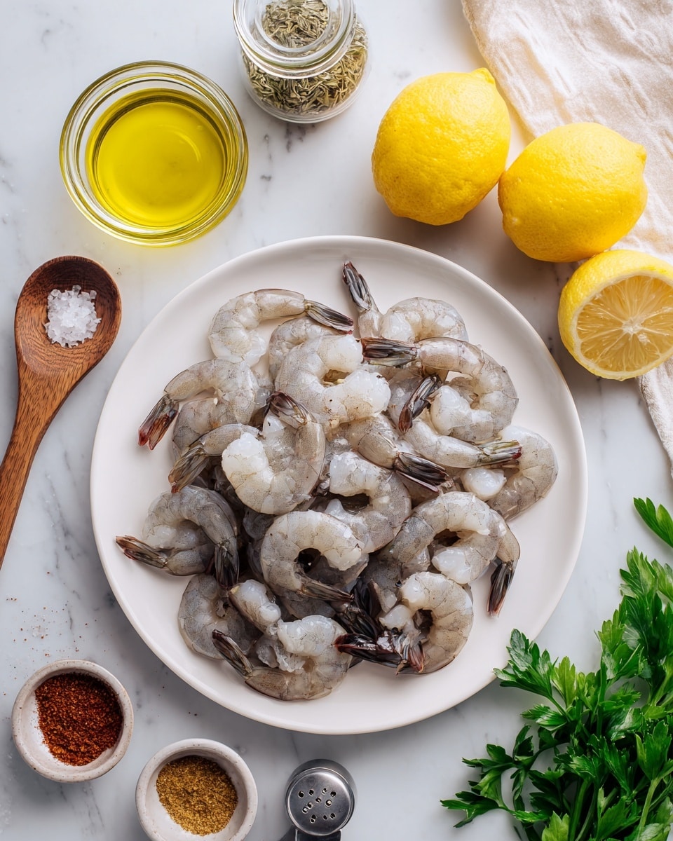 A white plate is filled with a pile of raw peeled shrimp that are gray with some dark accents on their tails, placed in the center on a white marbled surface. Above the plate, there are two bright yellow lemons to the right and a small glass jar of dry oregano with a wooden spoon to the left. Below the plate, there is a small glass container of olive oil in the center, with a silver shaker of salt and pepper to the left and two small silver measuring spoons filled with garlic powder and paprika to the right. Fresh green parsley is placed at the bottom right corner. photo taken with an iphone --ar 4:5 --v 7
