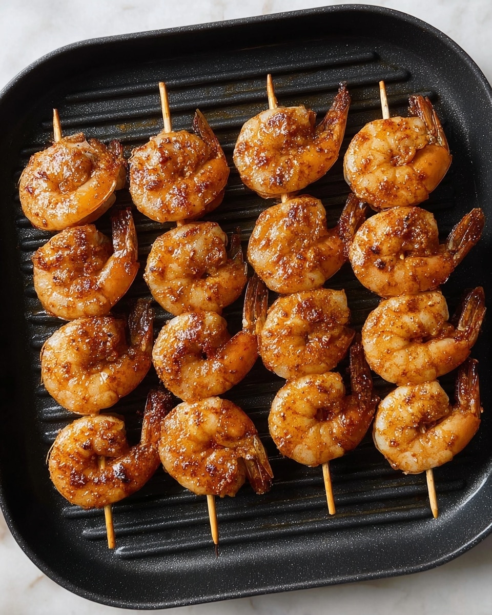 Four wooden skewers each hold four cooked shrimp, arranged closely side by side on a black grill pan with diagonal ridges. The shrimp have a warm orange-brown color with a shiny, slightly textured surface from seasoning. The shrimp are in two rows of two per skewer, positioned neatly and evenly spaced across the pan. The grill pan sits on a white marbled surface. Photo taken with an iphone --ar 4:5 --v 7