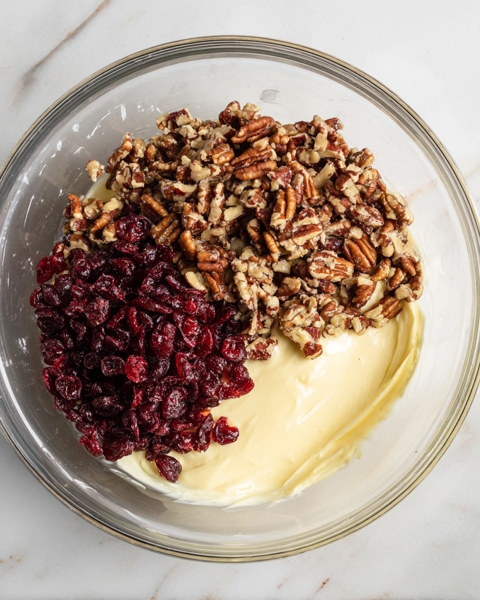 A clear glass bowl shows three layers inside: the bottom layer is creamy, smooth, and pale yellow, covering most of the bowl's base and sides; on top of this, roughly chopped pecans create a dense, chunky brown layer on one side; next to the pecans, chopped dried cranberries form a deep red, slightly shiny pile. The bowl sits on a surface with white marbled texture. photo taken with an iphone --ar 4:5 --v 7