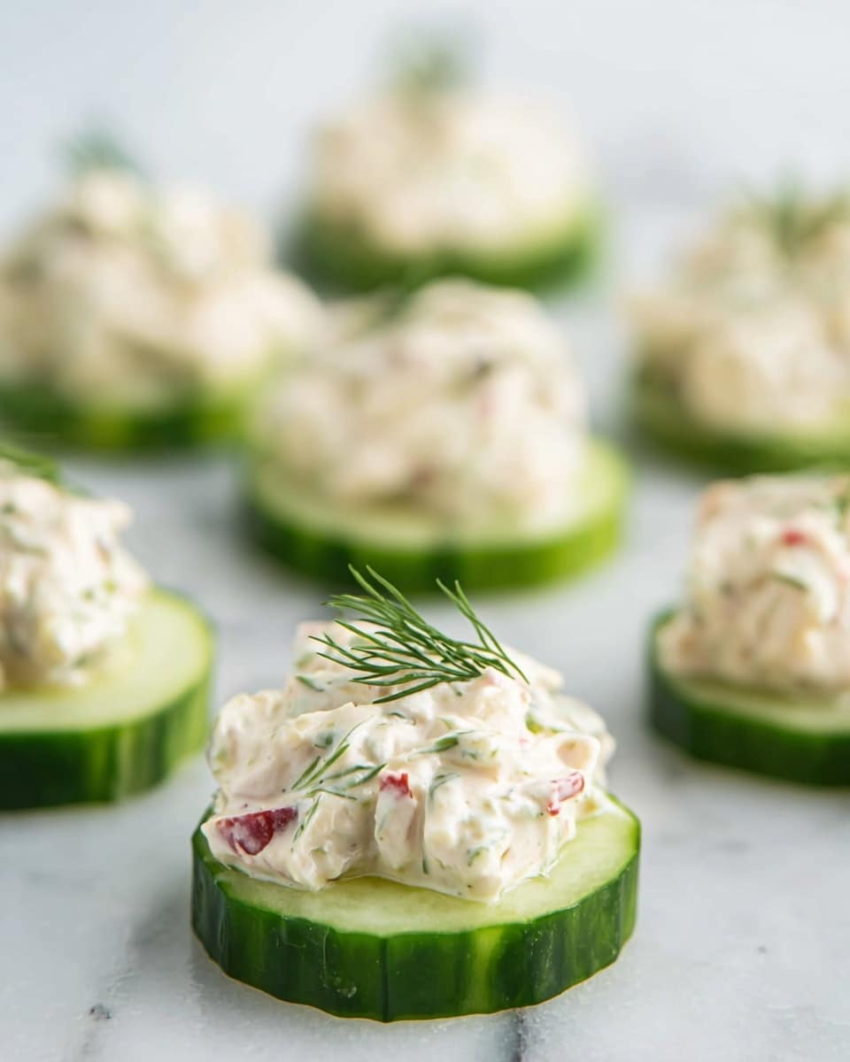 The image shows several round, green cucumber slices arranged on a white marbled surface. Each cucumber slice has a creamy, white mixture piled loosely on top, which contains small bits of red and green, adding some color contrast. The creamy topping looks soft and textures with tiny herbs visible within. At the very top of the cream layer on the closest cucumber slice, there is a small sprig of fresh dill. The focus is on the front slice, with others slightly blurred in the background, creating a soft depth effect. photo taken with an iphone --ar 4:5 --v 7