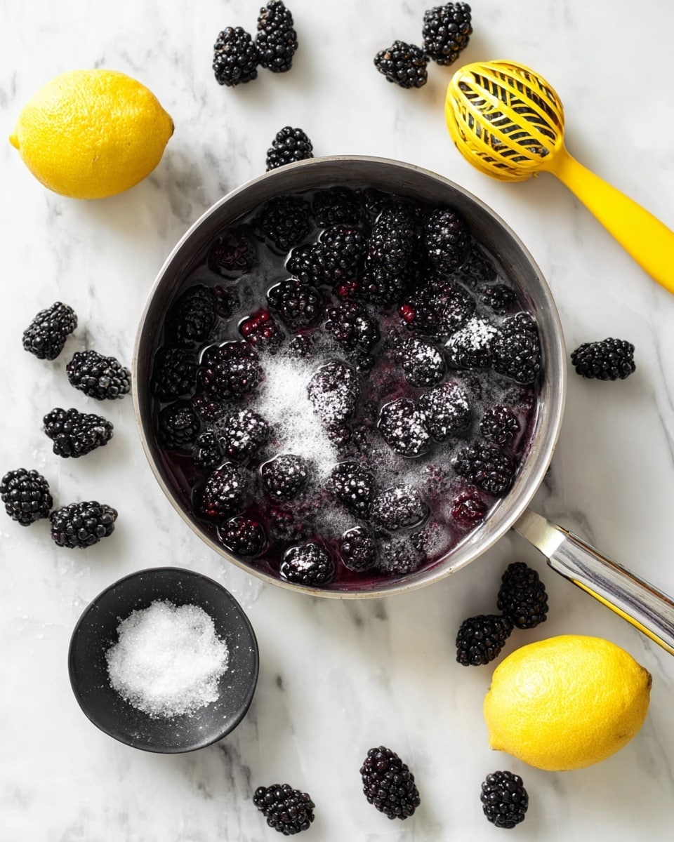 A top view of a silver saucepan filled with blackberries covered in a light layer of white sugar and some liquid, placed on a white marbled surface. Around the saucepan are several loose blackberries scattered on the surface. To the top left, there is a small black bowl with a silver scoop containing white sugar. To the top right, a bright yellow lemon squeezer lies open, and to the bottom right, two lemon halves sit on the white marbled surface. The image has a clean and bright look with natural lighting. photo taken with an iphone --ar 4:5 --v 7
