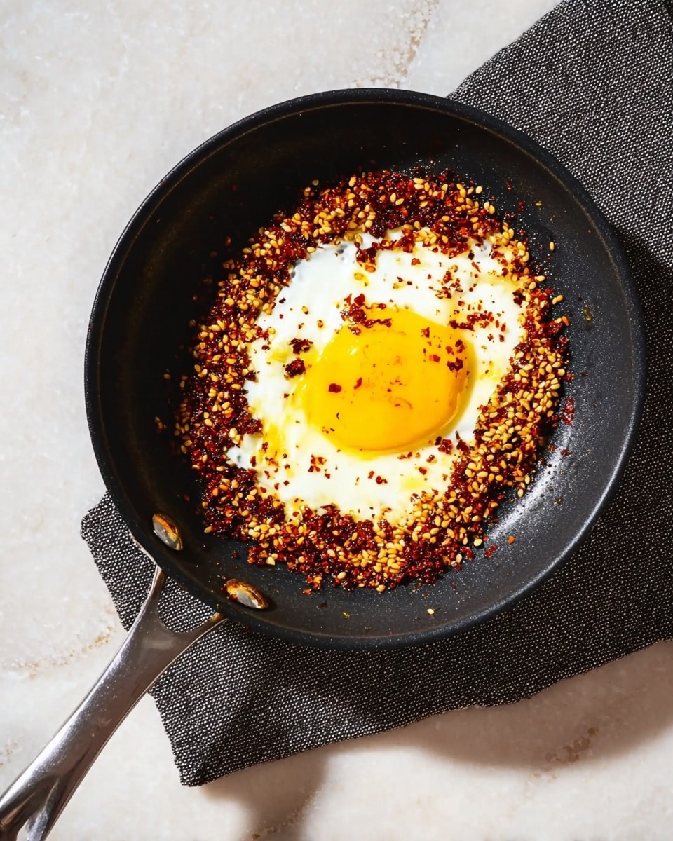A single fried egg with a bright yellow yolk and white edges sits in the center of a black frying pan. Surrounding the egg is a thick dark layer of crispy, reddish-brown chili flakes mixed with seeds, creating a textured ring around the egg. The pan rests on a dark gray textured cloth, all placed on a white marbled surface. Photo taken with an iphone --ar 4:5 --v 7