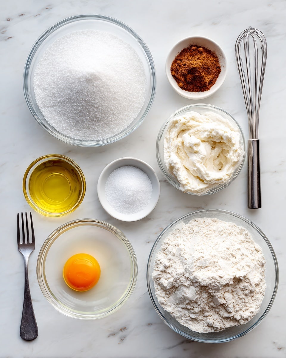 The image shows five separate bowls on a white marbled surface, each labeled with different baking ingredients. The first bowl, a small clear bowl, contains one egg with a bright orange yolk visible in the center. Next to it is a larger clear bowl filled with white granulated sugar, smooth and fine in texture, with a small bowl of ground cinnamon, a warm brown powder, above it and a black whisk beside. The third bowl holds a sourdough starter, which is creamy white and slightly bumpy on top, placed next to a glass of clear warm water. The fourth bowl shows a small clear bowl of granulated sugar and another with pale yellow extra virgin olive oil. Finally, a large clear bowl fully filled with white bread flour, fine and soft, is positioned at the end. A silver fork lies near the first bowl on the white marbled surface. photo taken with an iphone --ar 4:5 --v 7