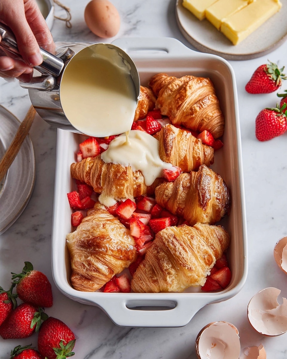 A white rectangular dish filled with roughly eight golden-brown croissant pieces arranged in two layers over a base of bright red chopped strawberries. A woman's hand is pouring a smooth, pale cream mixture from a metal measuring cup over the croissants, adding a glossy shine to the flaky texture. Around the dish, there are fresh whole strawberries, broken eggshells, and a small white plate with a few slices of butter on a white marbled surface. The colors contrast nicely with the warm croissant browns, vibrant red strawberries, and creamy white sauce photo taken with an iphone --ar 4:5 --v 7