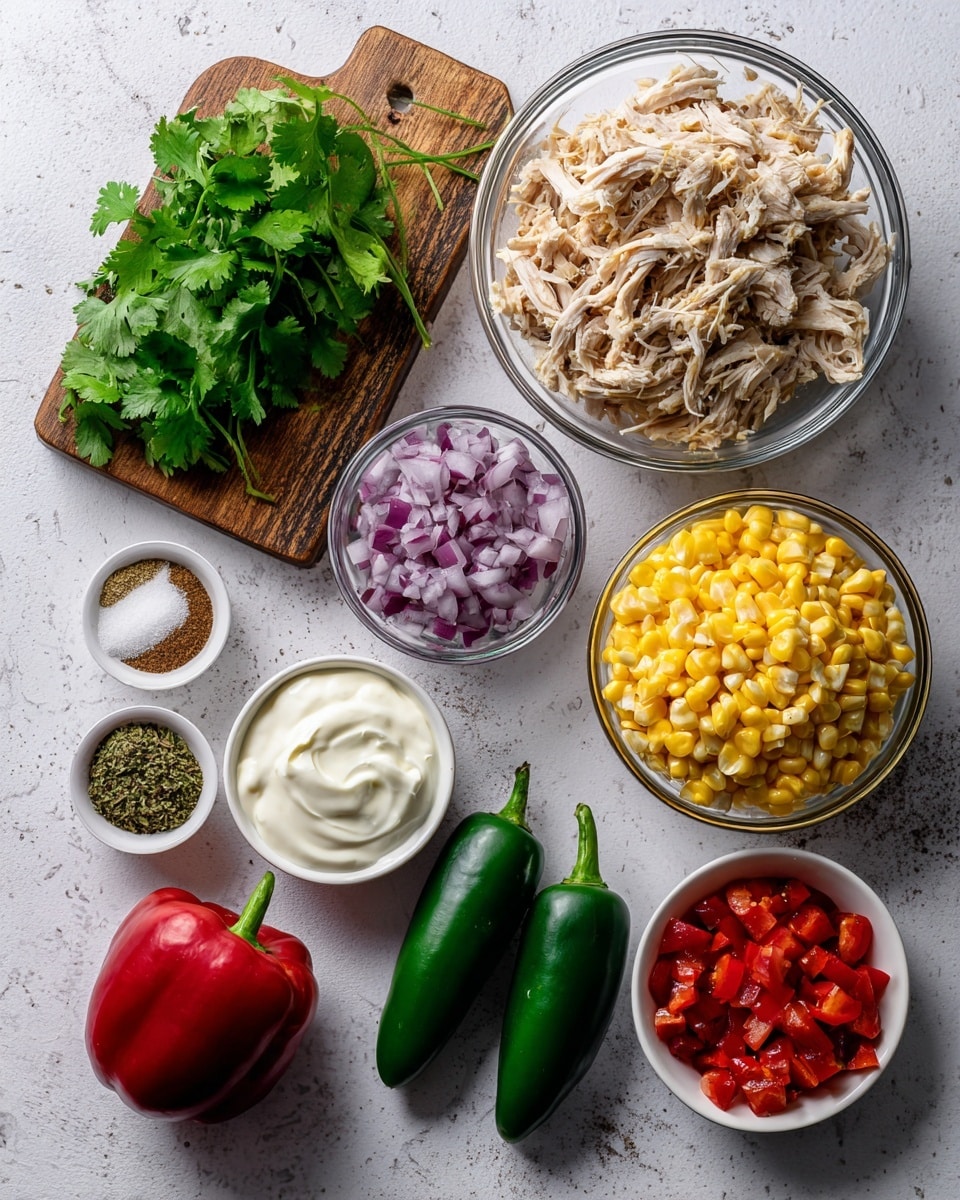 The image shows a white marbled surface with fresh cooking ingredients neatly arranged. On the left, there is a small wooden board with bright green cilantro leaves. Above the center is a clear glass bowl filled with light brown shredded chicken. To the right, a clear glass bowl holds bright yellow fire-roasted corn. Below the corn bowl are two dark green jalapeños lying side by side. In the middle is a small white bowl filled with finely chopped purple onions. Near the bottom is a small white bowl of creamy white mayonnaise and next to it a white bowl with smooth sour cream. A small white plate holds green and brown seasonings on the left, while a very small white bowl of white sugar is nearby. At the bottom right is a white bowl with small, bright red diced red pepper, next to a whole, shiny red bell pepper. All ingredients are clearly separated and neatly arranged. Photo taken with an iphone --ar 4:5 --v 7