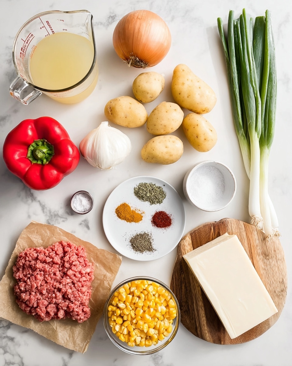 The image shows a top view of fresh ingredients arranged on a white marbled surface. In the top left corner is a clear measuring cup filled with light yellow broth. To the right are a whole red bell pepper and a whole white onion. Below the onion are two long green onions, next to a group of small yellow potatoes. Near the center are a white small bowl of salt and a bowl of black pepper. Below them is a small white plate with four piles of dried herbs and spices in green, brown, red, and yellow colors. To the bottom left is raw ground meat on brown parchment paper, and next to it is a clear glass bowl full of yellow corn kernels. On the right side is a wooden cutting board with a thick slab of white cheese. All ingredients are neatly spaced. photo taken with an iphone --ar 4:5 --v 7