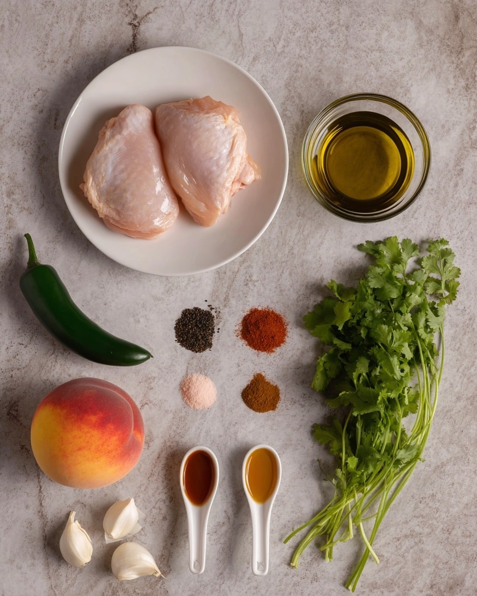 The image shows two raw chicken pieces on a round white plate placed at the top left. To the right of the plate, there is a small clear glass bowl filled with golden olive oil. Below the olive oil, five small piles of spices are arranged in a cross shape, featuring light brown, dark red, black and pink, and off-white colors. Below the chicken plate and to the left, there is a whole peach with a mix of orange and red shades. Next to the peach on the right, a dark green chili pepper lies horizontally. Below the chili, two white garlic cloves are placed side by side. At the bottom, three white measuring spoons hold light yellow, dark brown, and amber-colored sauces from left to right. Lastly, on the bottom right, there is a bunch of fresh green cilantro with long stems. All items are set on a white marbled surface photo taken with an iphone --ar 4:5 --v 7
