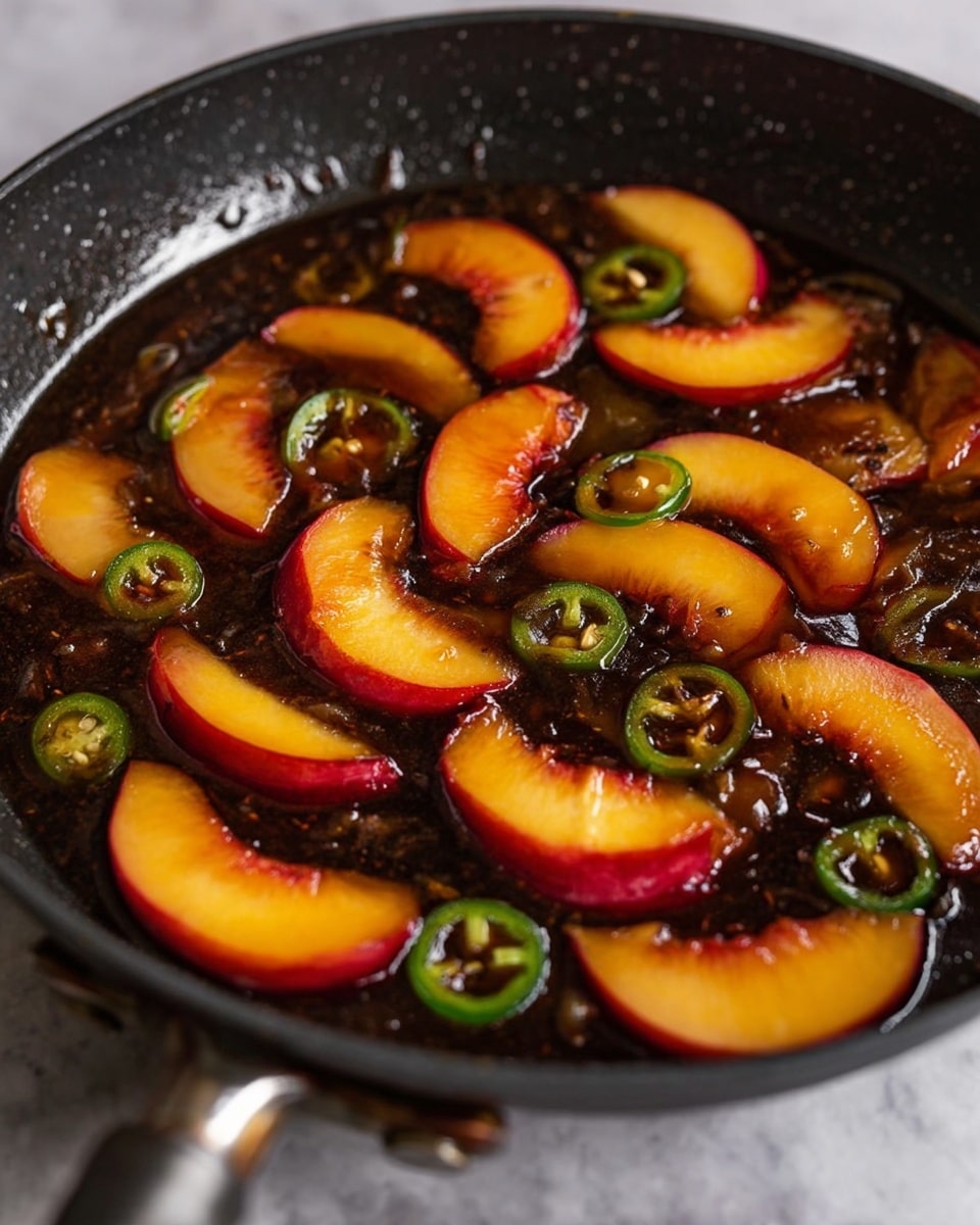 The image shows a black skillet filled with a dark sauce layered with sliced reddish-yellow peach wedges and thin green jalapeño rings scattered evenly on top. The peaches have a smooth and shiny texture, contrasting with the slightly wrinkled jalapeño slices. The sauce looks thick and glossy, covering the bottom of the pan with a rich dark brown color that makes the bright fruit and pepper stand out. The skillet itself has a matte finish with speckled spots and a sturdy handle. The surface beneath the skillet is white marbled texture. photo taken with an iphone --ar 4:5 --v 7