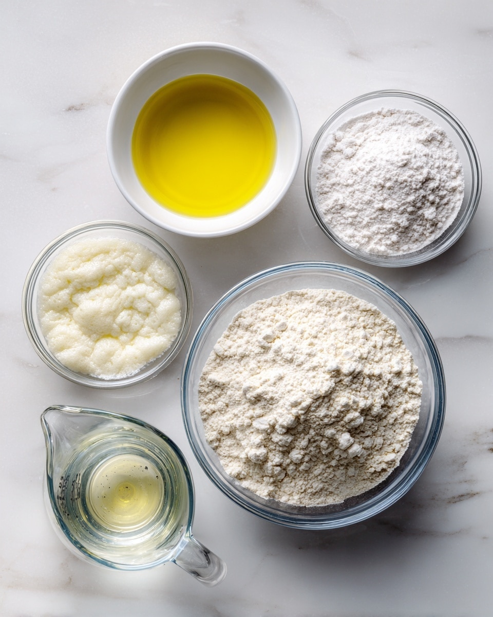 The image shows six clear glass and white bowls arranged on a white marbled surface. At the top center is a white bowl filled with pale yellow extra virgin olive oil. To the right of it is a clear glass bowl with fine, white bread flour. Below that, a larger clear glass bowl holds white all-purpose flour with a rough texture. At the center is a small clear glass bowl with bubbly, creamy sourdough starter. To the left, a smaller clear glass bowl contains coarse white sea salt. At the bottom left, a clear measuring jug holds clear warm water. Each bowl clearly displays its ingredient with simple layering of powders and liquids. Photo taken with an iphone --ar 4:5 --v 7