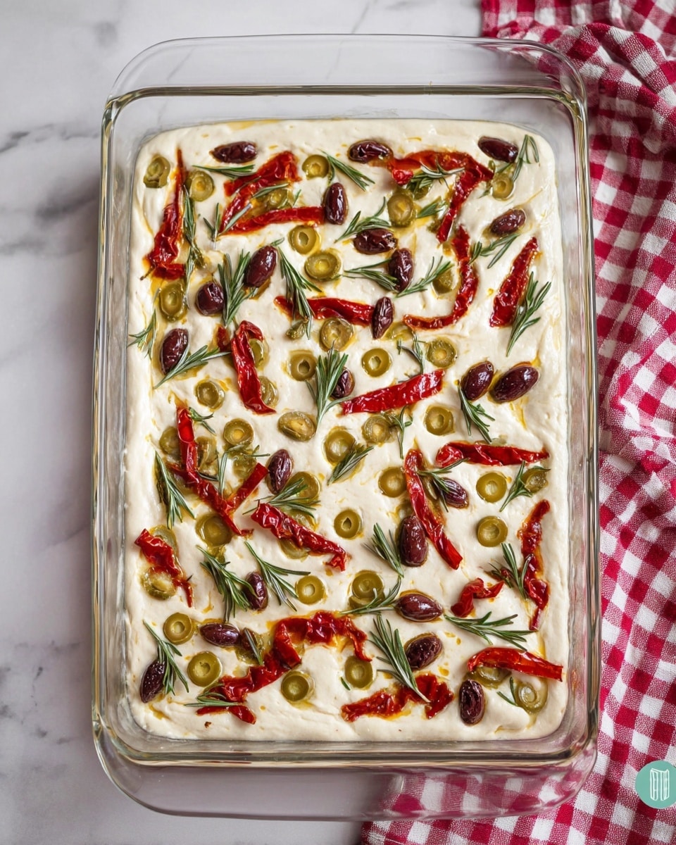 A rectangular glass baking dish holds a thick, white dough base with an uneven, bubbly texture. Scattered on top are slices of green and dark purple olives, thin red strips of roasted peppers, and fresh green rosemary sprigs spread evenly across the entire surface. The dish sits on a white marbled surface with a red and white checkered cloth partially visible at the bottom right. The photo taken with an iphone --ar 4:5 --v 7