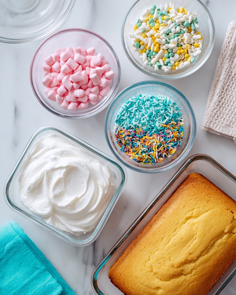 The image shows four clear glass bowls and a rectangular baked cake in a clear glass pan arranged on a white marbled surface. The first bowl contains small pink candy melts, the second bowl has a mix of colorful yellow, blue, white, and green sprinkles, the third bowl holds white candy melts, and the fourth bowl is filled with smooth white frosting. The golden brown cake sits in the lower right corner, with a fluffy texture on top. There is also a folded white textured napkin near the cake, and a portion of a bright turquoise-blue object on the left edge is visible. photo taken with an iphone --ar 4:5 --v 7