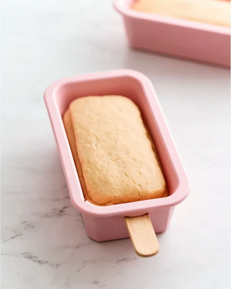 A close-up view of a single rectangular light brown dough block placed inside a pink rectangular silicone mold with rounded corners. The dough fills the mold up to the edges, showing a smooth but slightly cracked surface texture. A wooden stick is inserted into a small slot at the bottom center of the mold, partially visible and extending outward. The setup rests on a white marbled surface, with a soft and minimalistic background where another empty pink mold is slightly blurred in the distance. Photo taken with an iphone --ar 4:5 --v 7