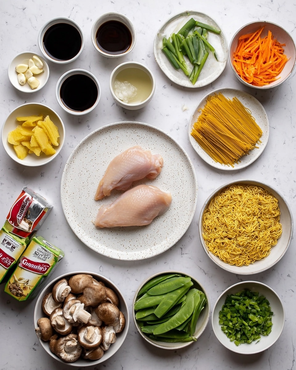The image shows an overhead view of ingredients neatly arranged on a white marbled surface. At the center is a white speckled plate holding two raw chicken pieces with a smooth, light pink texture. Surrounding it are various small white bowls and plates: at the top left, three white bowls contain dark soy sauce, black vinegar, and brown sauce, while next to them is a bowl with thin garlic slices, and beside that a small bowl with green onion sticks. A bit lower, there's a small plate with yellow ginger slices, a bowl filled with shredded bright orange carrots, and another bowl with finely chopped green onions. On the bottom right, a white speckled bowl holds five blocks of dry yellow noodles, and next to it a bowl of fresh bright green snap peas. Below the chicken plate is a bowl of sliced brown mushrooms with visible textures. At the bottom left, there are two cartons of chicken broth with red caps partially shown, and next to them a bowl of fresh green bok choy leaves all on the white marbled surface. photo taken with an iphone --ar 4:5 --v 7