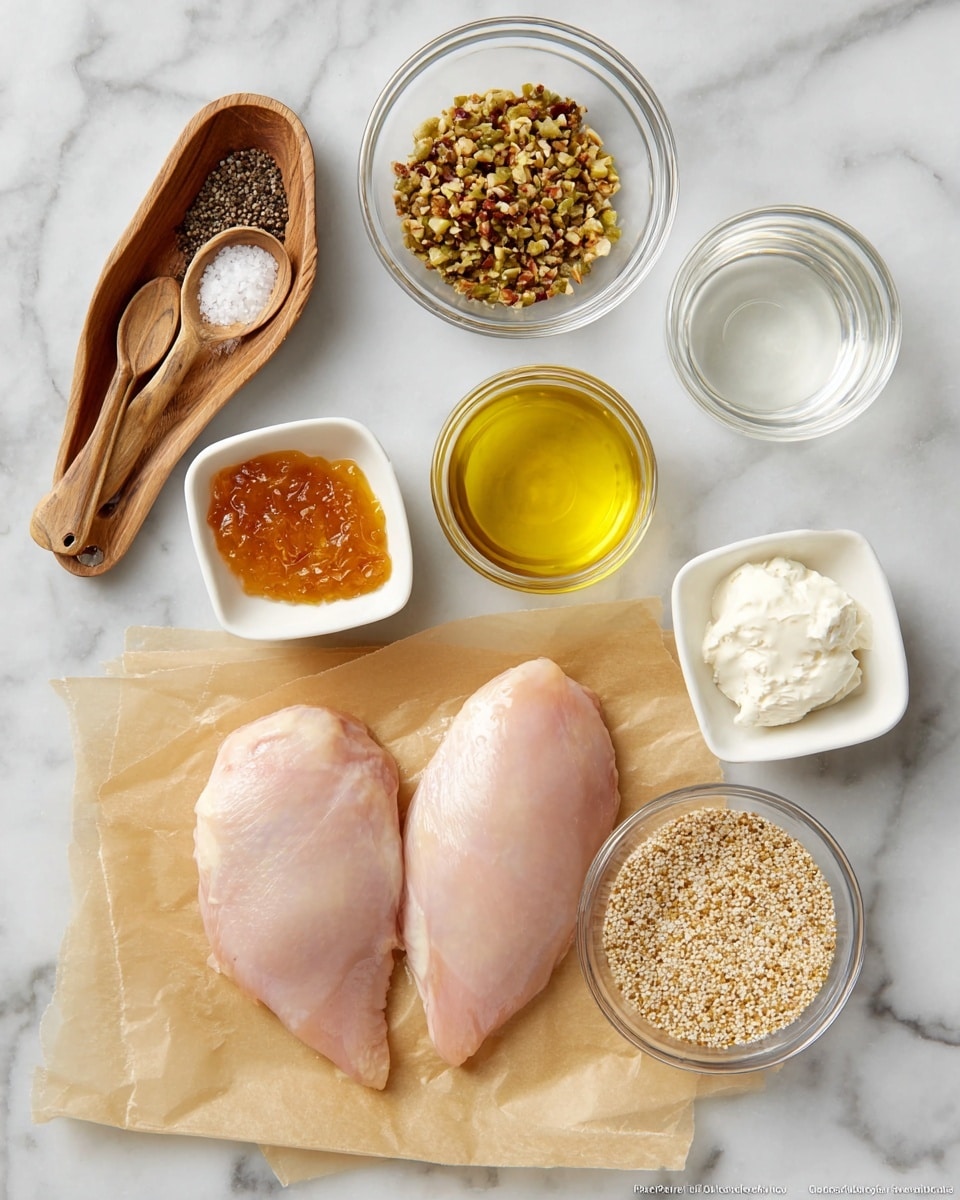 Two raw chicken pieces lie flat on a piece of brown parchment paper at the bottom center on a white marbled surface. Above the chicken, there are six small white square and round bowls arranged in a semi-circle. Starting from the top left, there is a wooden dish holding salt and pepper with two small wooden spoons. Next to it, a clear round bowl is filled with crushed green and brown nuts or spices. To the right, a clear round bowl contains a white creamy substance. Below that, a white square bowl has a clear liquid, while another white square bowl above the chicken contains a golden-yellow oil. To the left of these two bowls is a white square bowl holding orange-colored jam. In the center, there is a clear round bowl filled with a light brown grainy mixture. The whole setup is neat, and the colors are natural and fresh. photo taken with an iphone --ar 4:5 --v 7