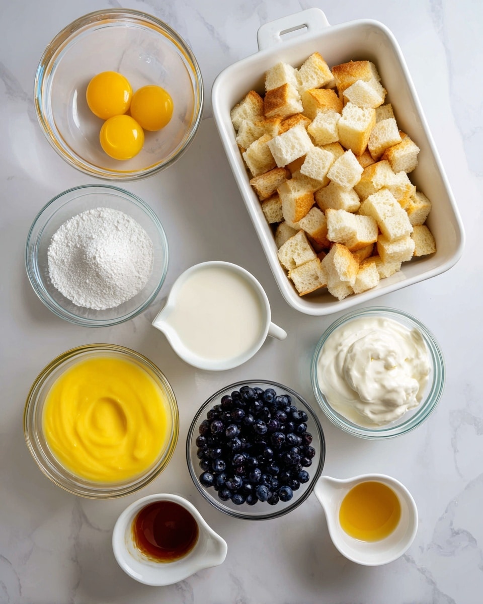 The image shows eight white containers on a white marbled surface, each holding a separate ingredient. At the top right, there is a large white baking dish filled with small cubes of golden white bread. To the left of the bread, a clear glass bowl holds three yellow egg yolks with clear egg whites. Below the eggs is a white measuring cup filled with whole milk, and to its left, a small clear bowl contains white granulated sugar. Below the sugar, a clear bowl with smooth and thick yellow lemon curd is visible. To the right of the curd, a large clear bowl is filled with dark blue blueberries. Above the blueberries, a small clear bowl contains amber-colored vanilla extract, and below it, a white measuring cup holds white heavy cream. Each ingredient is labeled with simple black text on white backgrounds. Photo taken with an iphone --ar 4:5 --v 7