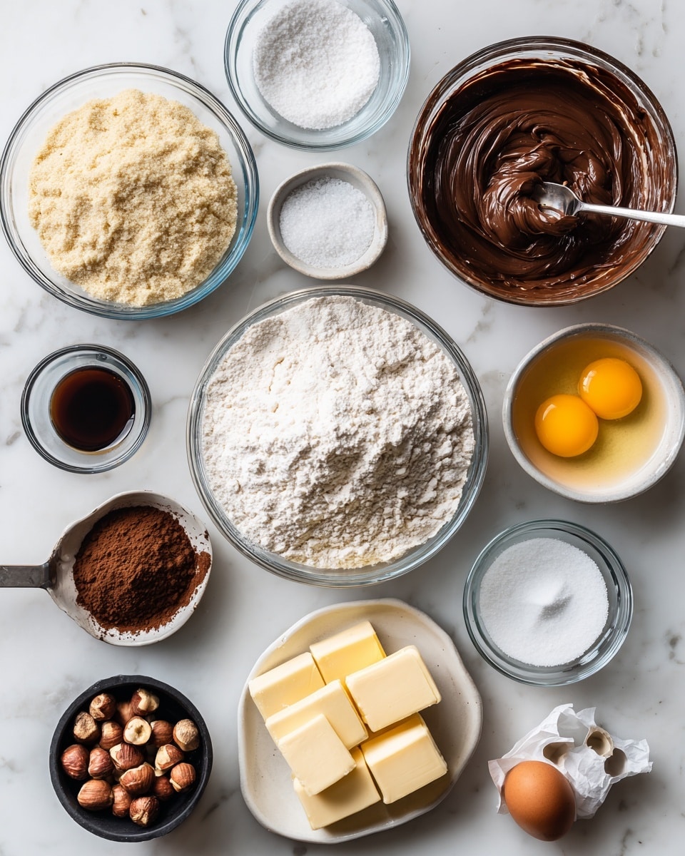 The image shows a top view of several clear glass and metal bowls arranged on a white marbled surface, each bowl containing different baking ingredients. The largest bowl near the center holds fluffy white flour with fine texture. To the top left, another large bowl is filled with a mix of light brown and white sugars in crumbly and powdery textures. To the right, a similar-sized bowl contains smooth, glossy dark brown Nutella with a spoon resting inside. Around these larger bowls are smaller ones: one with rich dark brown cocoa powder, another with white baking soda powder, a metal bowl with fine white salt, a small glass bowl with dark vanilla extract liquid, and a clear glass bowl with two raw eggs plus an egg yolk. Below these is a black measuring cup filled with chopped hazelnuts, and a white bowl with two sticks of light yellow butter partially wrapped in paper. The setup is neat and well-lit, emphasizing the textures and colors of each ingredient. Photo taken with an iphone --ar 4:5 --v 7