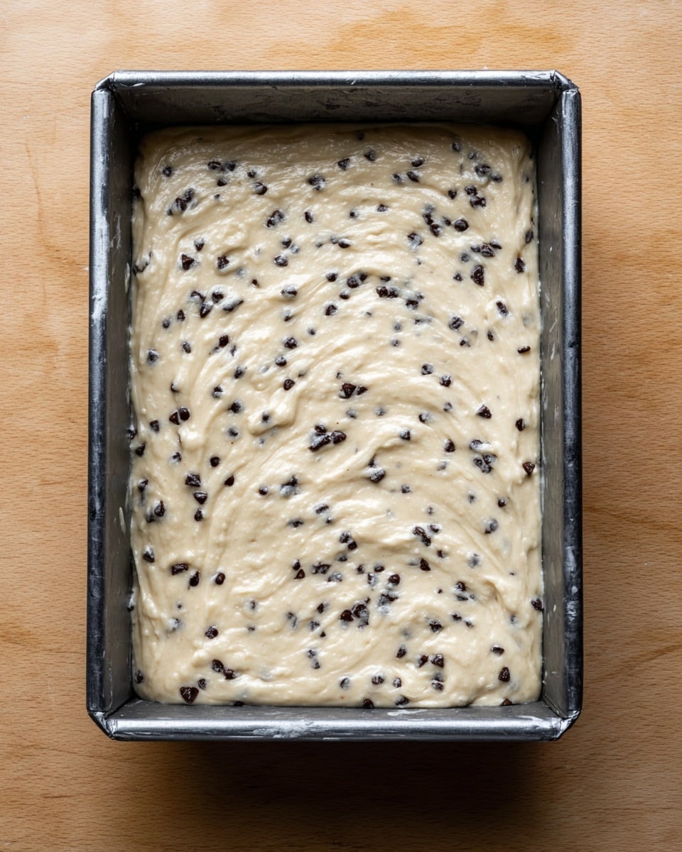The image shows a single layer of light beige batter with small dark chocolate chips spread evenly throughout, filling a rectangular dark metal baking pan. The texture of the batter looks smooth with some small ridges and swirls on the surface, and it is evenly spread to the edges of the pan. The pan sits on a surface with a white marbled texture. photo taken with an iphone --ar 4:5 --v 7