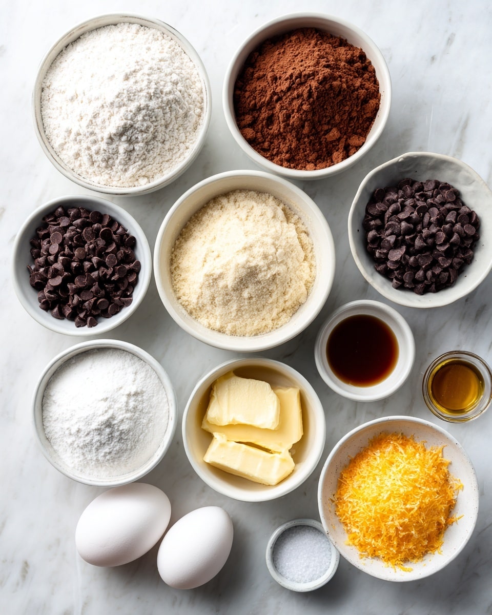 A top-down view of nine white bowls and two white eggs arranged on a white marbled surface. The bowls hold different baking ingredients: one with white flour, one with white granulated sugar, one with light brown brown sugar, one with dark brown cocoa powder, one with dark chocolate chips, one with light yellow butter, one with dark brown vanilla extract, one with bright orange zest, and one small bowl with white salt. The two white eggs are placed together near the bottom left. The overall color palette contrasts the white bowls with the varied textures and colors of the ingredients inside. photo taken with an iphone --ar 4:5 --v 7