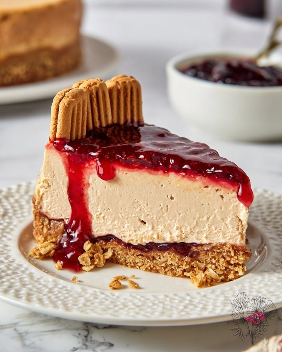 A slice of cheesecake with three visible layers sits on a white textured plate on a white marbled surface. The bottom layer is a crumbly, light brown crust with bits of oats or nuts, topped by a thin layer of dark red jam that slightly peeks out from the edges. The middle layer is thick and creamy, light beige in color with a smooth texture. The top layer is a glossy, dripping red fruit glaze that cascades over the sides. On the left edge of the slice, three vertical layered biscuits are placed closely together. In the background, there is a white bowl with dark red jelly inside. Photo taken with an iphone --ar 4:5 --v 7