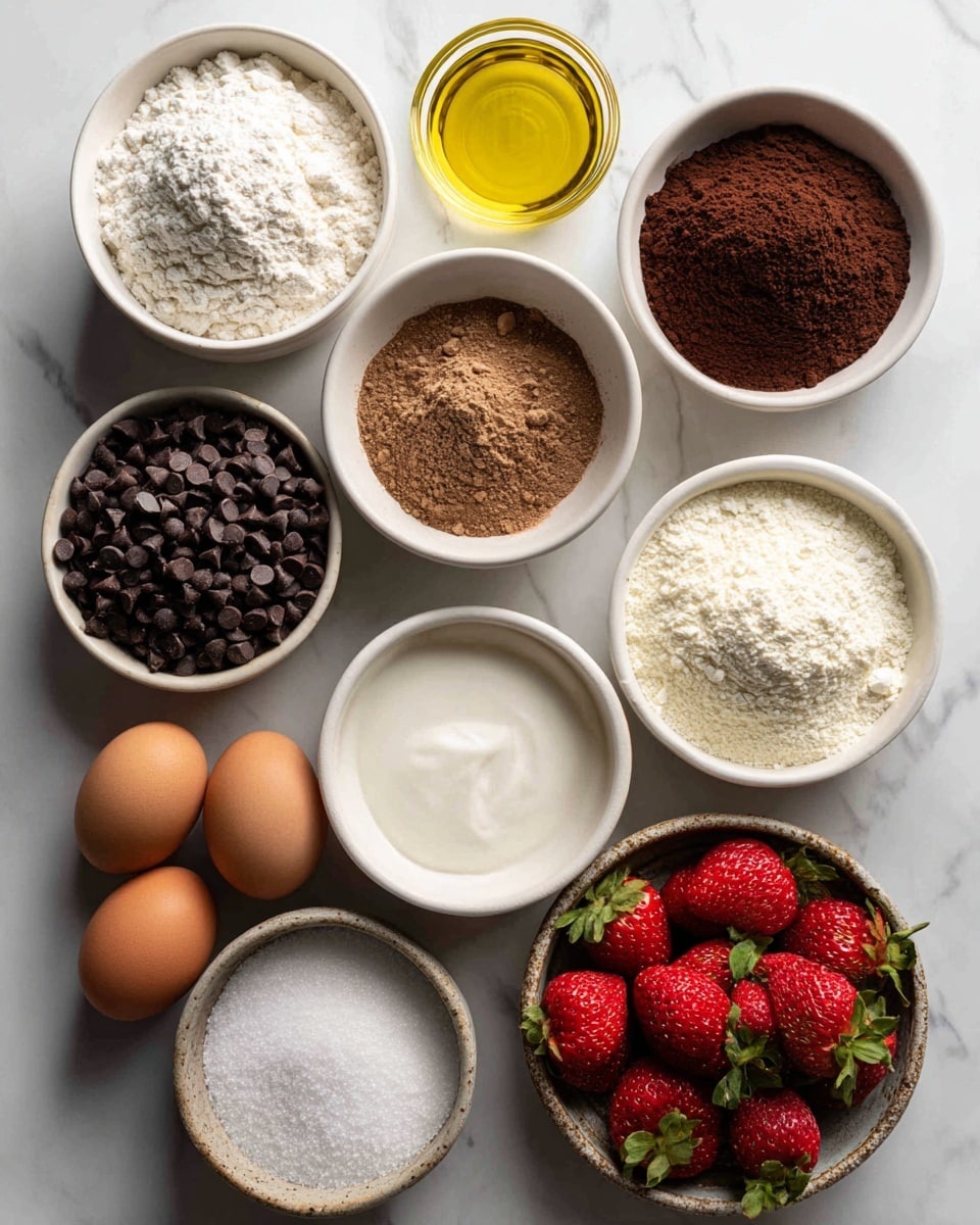 The image shows a variety of ingredients arranged neatly on a white marbled surface. There are 11 white bowls and dishes of different sizes filled with ingredients: one bowl with white flour having a smooth powdery texture, another bowl with dark brown cocoa powder showing fine texture, a bowl of light brown sugar with a grainy look, and a small bowl filled with chocolate chips that are small, black, and shiny. One bowl contains white granulated sugar, and another has white sour cream with a creamy texture. There is also a small white dish with fine espresso powder, another with white salt, and one with white leaveners with a powdery consistency. Two brown eggs are placed side by side near a glass container filled with yellow oil. Lastly, a small rustic bowl with several red strawberries with green leaves is also included. The photo is taken with an iphone --ar 4:5 --v 7