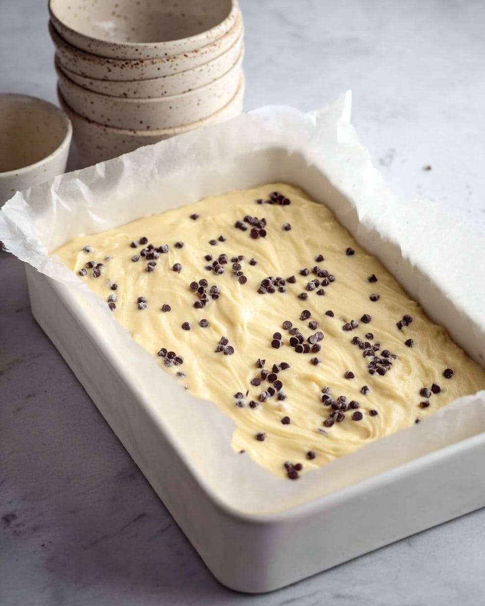 A white rectangular baking pan lined with parchment paper holds a thick, pale yellow batter with small dark chocolate chips mixed inside and sprinkled on top. The batter appears smooth with a few gentle swirls on the surface. In the background, there are stacked, speckled off-white ceramic bowls and cream-colored containers, all placed on a white marbled surface. photo taken with an iphone --ar 4:5 --v 7