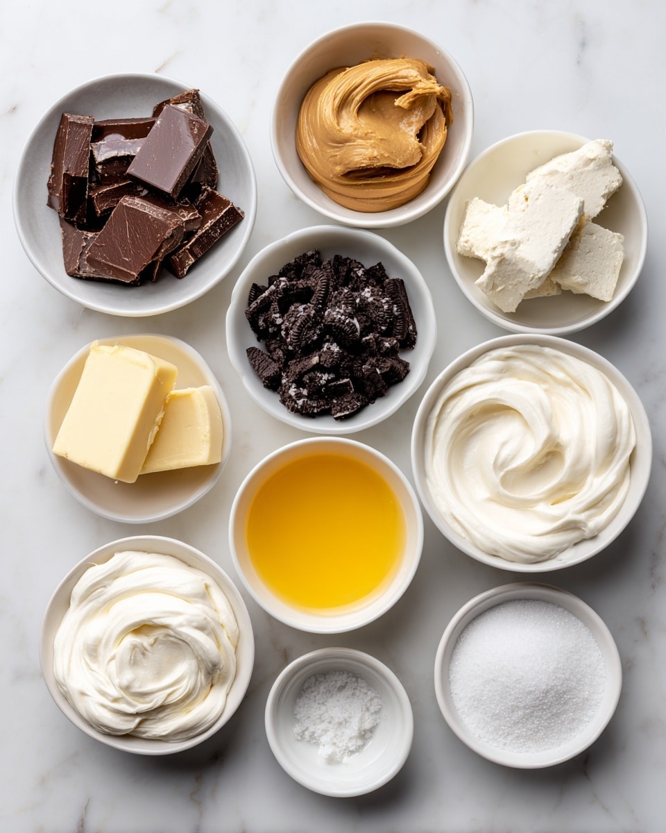 The image shows several small white bowls arranged on a white marbled surface, each filled with different ingredients for a recipe. One bowl has dark chocolate chunks, another contains dark crumbly Oreo pieces. There is a bowl with a smooth tan peanut butter, a bowl with white cream cheese that has a thick and creamy texture, and two small bowls filled with heavy cream, each showing a smooth, light color. A small bowl holds bright yellow melted butter, and another has solid pale yellow butter. Two bowls contain white powders: one with confectioners' sugar and the other with granulated sugar. Lastly, there is a tiny bowl with vanilla liquid and another tiny bowl with fine salt. Each bowl is round and the ingredients show varied textures from smooth and creamy to crumbly and powdered. Photo taken with an iphone --ar 4:5 --v 7