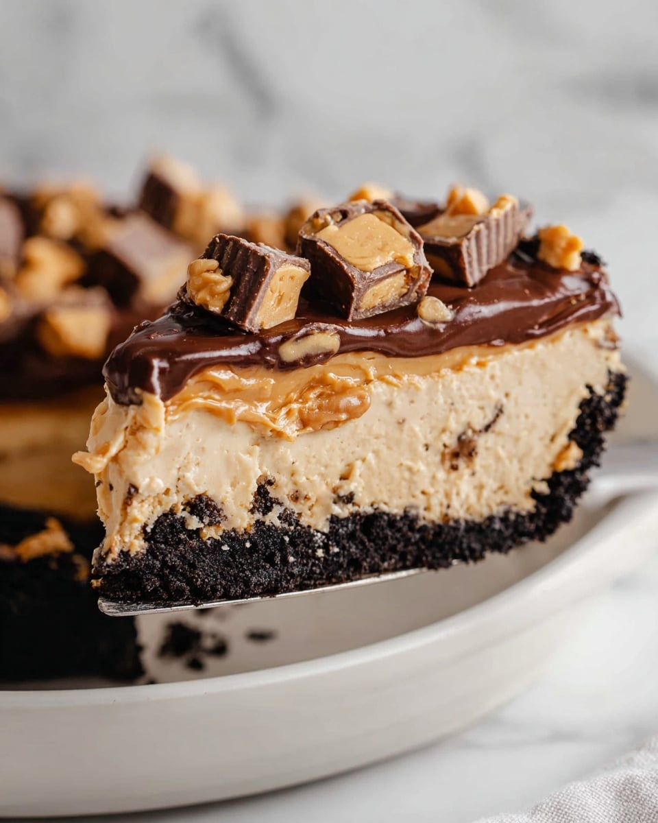 A slice of pie with three layers is held above a white dish with a white marbled surface background. The bottom layer is dark and crumbly, resembling crushed cookies or chocolate crust. The thick middle layer is creamy and light tan in color, looking smooth and soft. The top layer is a thin, glossy dark chocolate glaze, topped with small chunks of peanut butter candy pieces in light brown and tan shades, adding texture and color contrast. Photo taken with an iphone --ar 4:5 --v 7