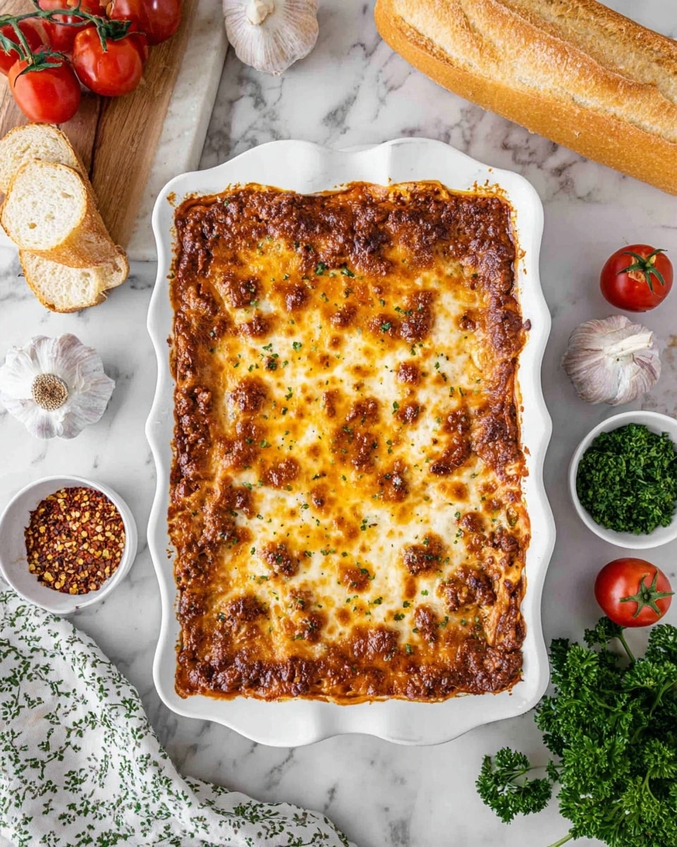 A white rectangular baking dish with a wavy edge filled with a baked lasagna that has a golden brown, melted cheese top layer with browned spots and visible bits of meat sauce peeking through underneath. The dish sits on a white marbled surface, surrounded by a white cutting board with a sliced baguette and a whole bunch of parsley, bright red cherry tomatoes on the vine, two heads of garlic, a small white bowl of chopped herbs, and a small bowl of red pepper flakes. A white and green patterned cloth is partially visible near the bottom left corner. Photo taken with an iphone --ar 4:5 --v 7