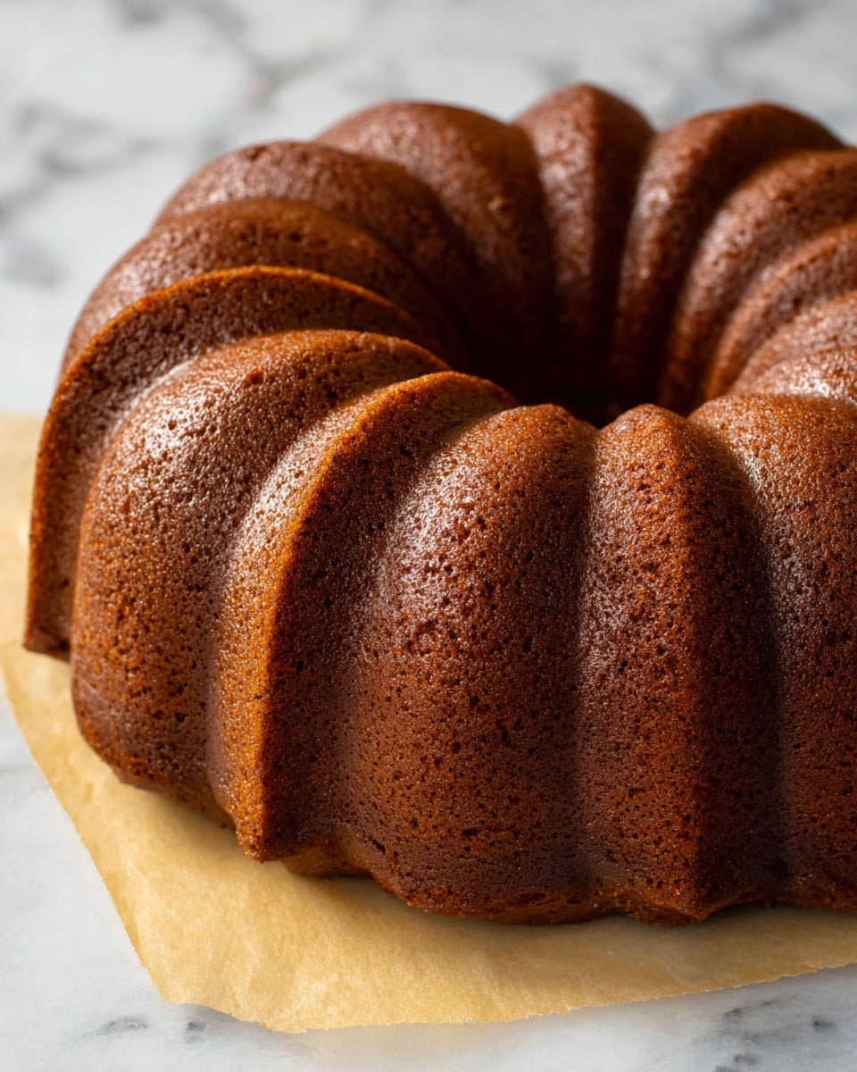 A single bundt cake with a rich brown color and smooth, slightly textured surface sits on a piece of parchment paper. The cake has deep curves and ridges that form the classic bundt shape, resting on a white marble textured surface. The cake looks firm and freshly baked, with no visible icing or decoration. photo taken with an iphone --ar 4:5 --v 7