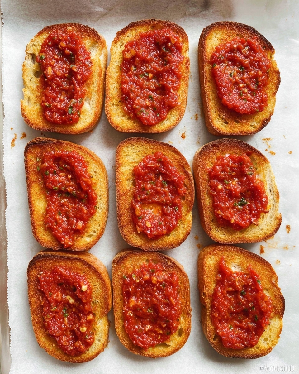 Eight slices of toasted bread are arranged in two vertical rows of four each on a white marbled surface covered with white parchment paper. Each slice has one layer of thick red tomato sauce spread unevenly over the golden brown toasted surface, showing small bits of herbs and tomatoes within the sauce. The toasts have a slightly crispy texture around the edges and a soft center visible beneath the sauce. Photo taken with an iphone --ar 4:5 --v 7