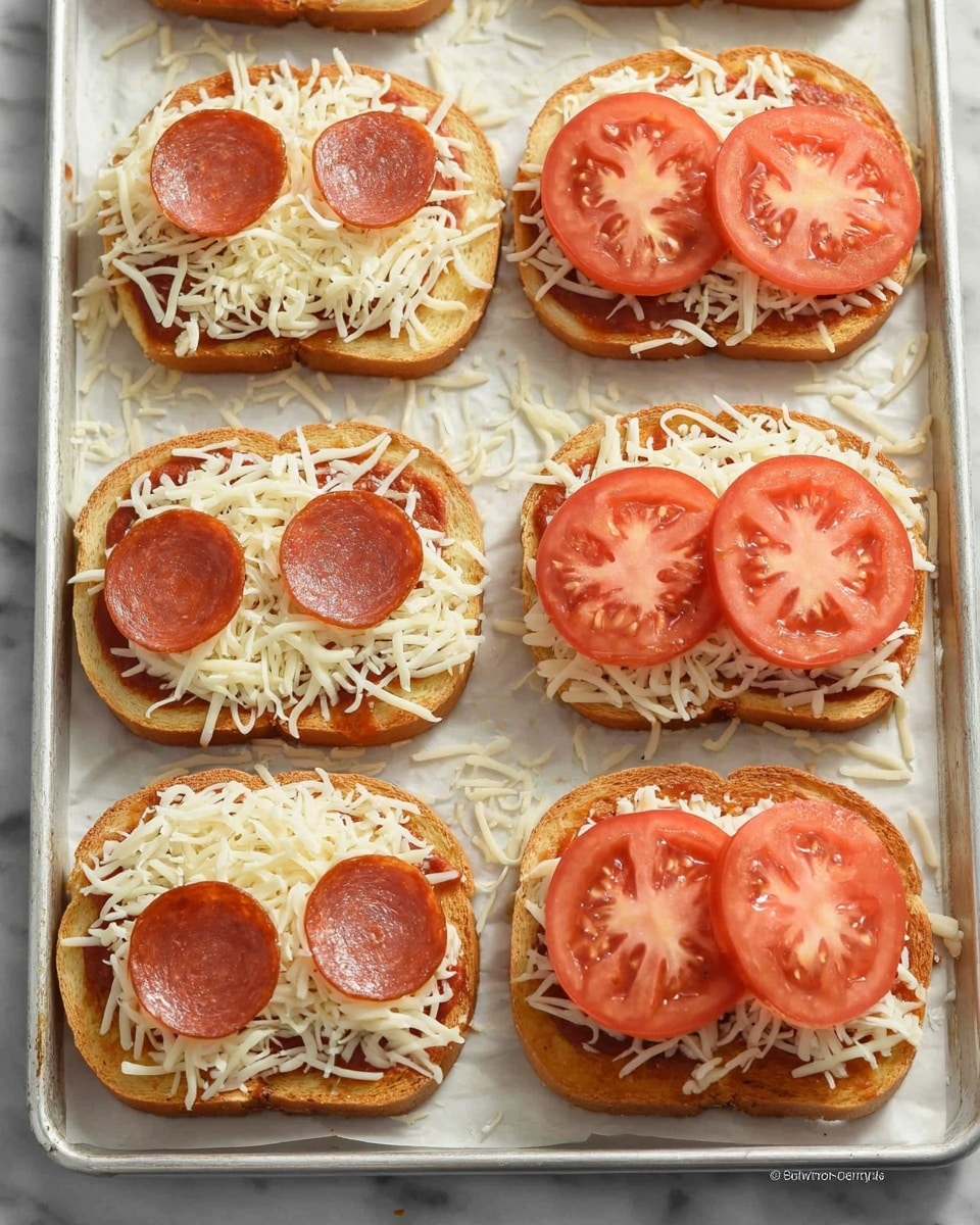 The image shows eight small pizza toasts arranged on a baking tray with white parchment paper, placed on a white marbled surface. Each pizza toast has a base layer of golden-brown toasted bread. On top of the bread is a bright red tomato sauce layer, followed by a generous layer of shredded white cheese. Four of the toasts are topped with two round, reddish-brown pepperoni slices each, while the other four have one or two slices of fresh, red tomato with visible seeds and juicy texture. The toppings are evenly distributed, with some cheese scattered around the tray. photo taken with an iphone --ar 4:5 --v 7