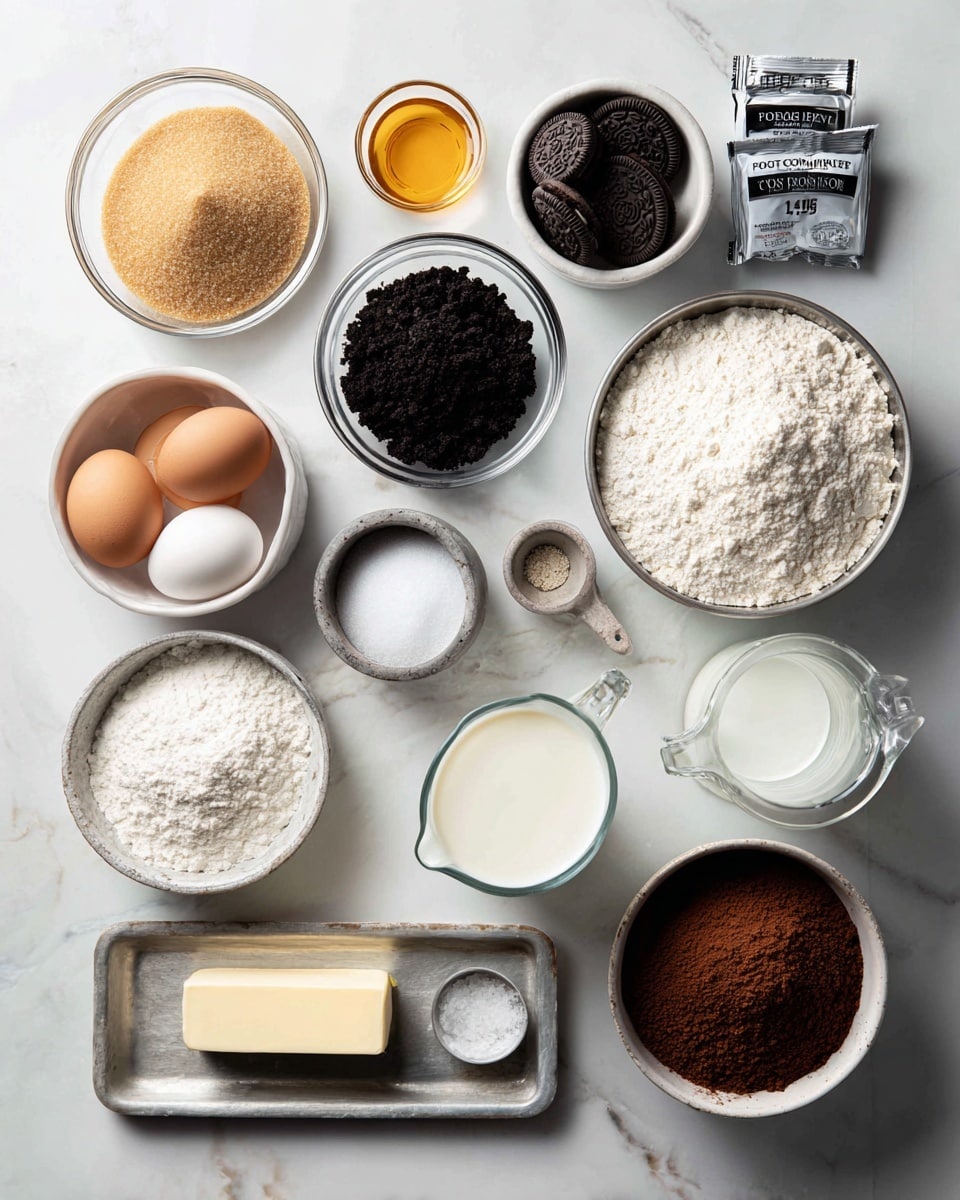 The image shows a variety of baking ingredients neatly arranged on a white marbled surface. On the left, there is a small glass bowl filled with light brown sugar next to a glass bowl of finely crushed dark Oreo crumbs and another small bowl of black cocoa powder. Below them, a bowl of white sugar is placed near two eggs in a small bowl, a small container of vanilla extract, and a pinch of salt in a tiny bowl. A stick of butter rests on the surface close to a bowl of white flour and a small pile of baking soda. On the right side, ingredients are placed on a metal tray, including powdered sugar, a cup of milk in a clear measuring cup, two packets of instant chocolate pudding, a bowl of Dutch cocoa powder, a small glass of dark vanilla, and a large glass of white heavy cream. The setup is bright and clean, ready for baking, photo taken with an iphone --ar 4:5 --v 7