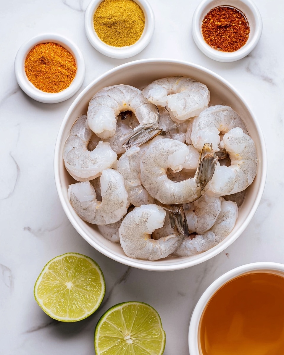 A white bowl full of raw shrimp, peeled but with tails on, their colors a mix of translucent white and light gray with a slight shine. Around the bowl, there are small white containers with bright spices in orange, yellow, and brown shades, and two lime halves showing their bright green juicy inside on a white marbled surface. One white cup filled with an amber-colored liquid is also near the bowl. The scene is clean and bright, focusing on the fresh shrimp and colorful spices, photo taken with an iphone --ar 4:5 --v 7