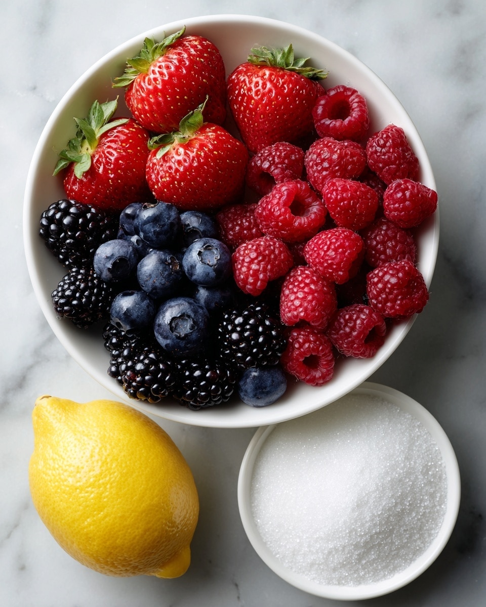 A white bowl filled with four groups of fresh berries arranged neatly: bright red strawberries with green leaves on the top left, dark purple-black blackberries at the bottom left, deep red raspberries at the bottom right, and small round blue blueberries on the top right, all sitting on a smooth white marbled surface. Below the bowl, slightly to the left, lies a whole yellow lemon with a textured skin, and to the right of the lemon is a white bowl filled to the top with fine white granulated sugar, all captured with bright natural light. photo taken with an iphone --ar 4:5 --v 7