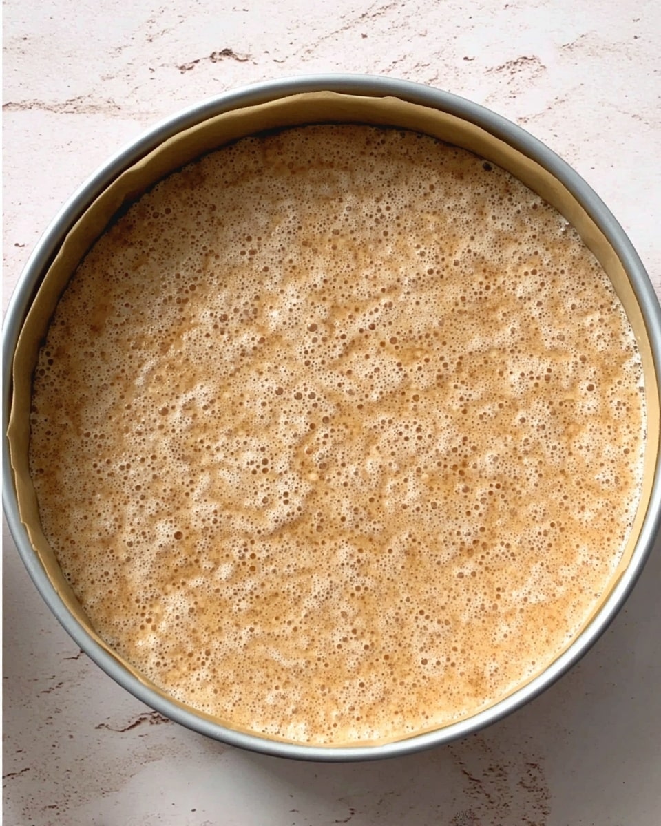 A close-up top view of a round springform pan filled with a light brown, bubbly cake batter, with tiny air bubbles scattered evenly across the surface, resting on a white marbled texture. The batter has a slightly grainy texture and covers the entire pan in one layer. Photo taken with an iphone --ar 4:5 --v 7