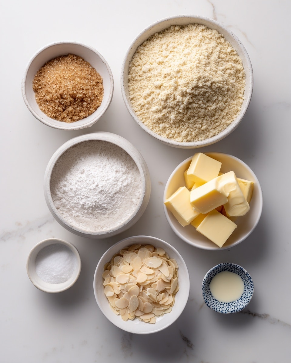 The image shows seven white bowls arranged on a white marbled surface, each filled with different baking ingredients. The largest bowl at the top right holds light beige almond flour with a crumbly texture. To its left, a medium-sized bowl contains coarse brown sugar with a moist appearance. Below these, a smaller bowl has white flour with a soft, powdery look. Beside it, a slightly larger bowl is filled with yellow vegan butter cubes stacked neatly. On the bottom right, a deeper white bowl with small blue dots contains pale beige flaked almonds. At the bottom left, a tiny bowl holds white baking powder, and next to it, another small bowl contains a light cream liquid labeled dairy-free milk. Finally, a white bowl with a tiny amount of light yellow almond extract is placed near the center. photo taken with an iphone --ar 4:5 --v 7