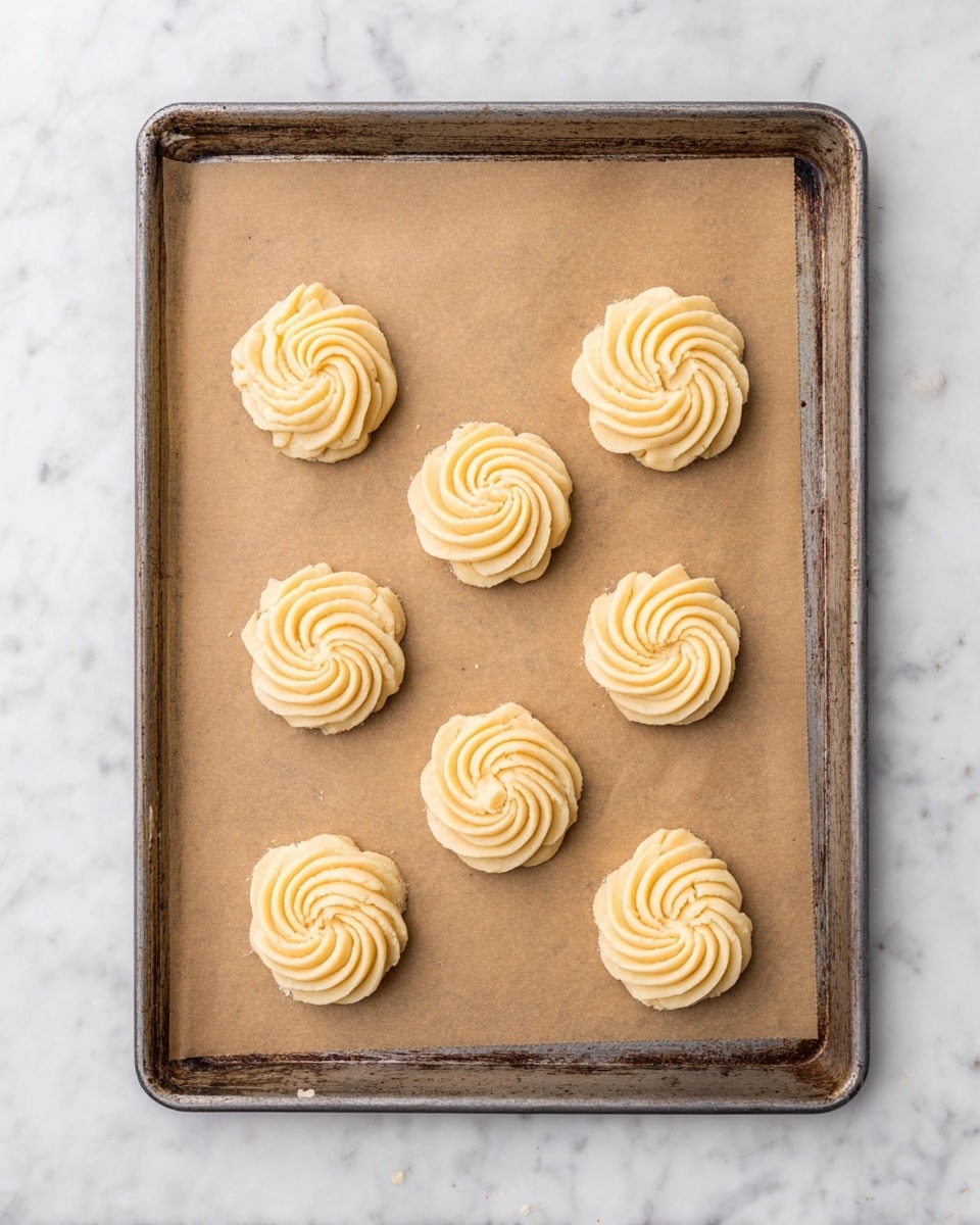 The image shows a baking tray lined with brown parchment paper on a white marbled surface. On the tray are eight round cookie dough shapes arranged in two columns of four. Each cookie dough shape has a spiral pattern that looks like a rosette, with delicate ridges and a pale yellow color. The dough has a soft, smooth texture with slight uneven edges in some cookies. The baking tray is metal with a worn, rustic look. photo taken with an iphone --ar 4:5 --v 7