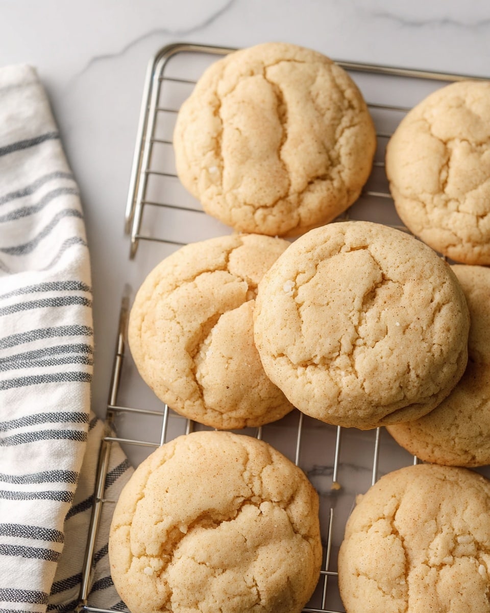 The image shows soft, thick cookies with a light tan color and a slightly cracked, textured surface. The cookies are placed on a metal cooling rack, arranged closely together. The background is a white marbled surface with a striped cloth partially visible on the left side. The cookies look fresh and warm, with a homemade, rustic feel photo taken with an iphone --ar 4:5 --v 7
